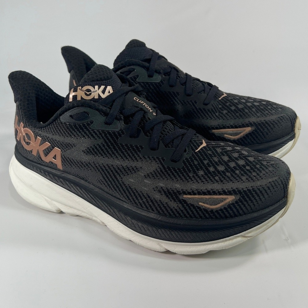 Hoka Clifton 9 Running Shoes Women's 8B Black Rose Gold Cushioned Midsole Gym